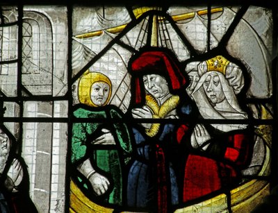 Vetrata raffigurante viaggiatori su una nave, da un miracolo di San Nicola da French School